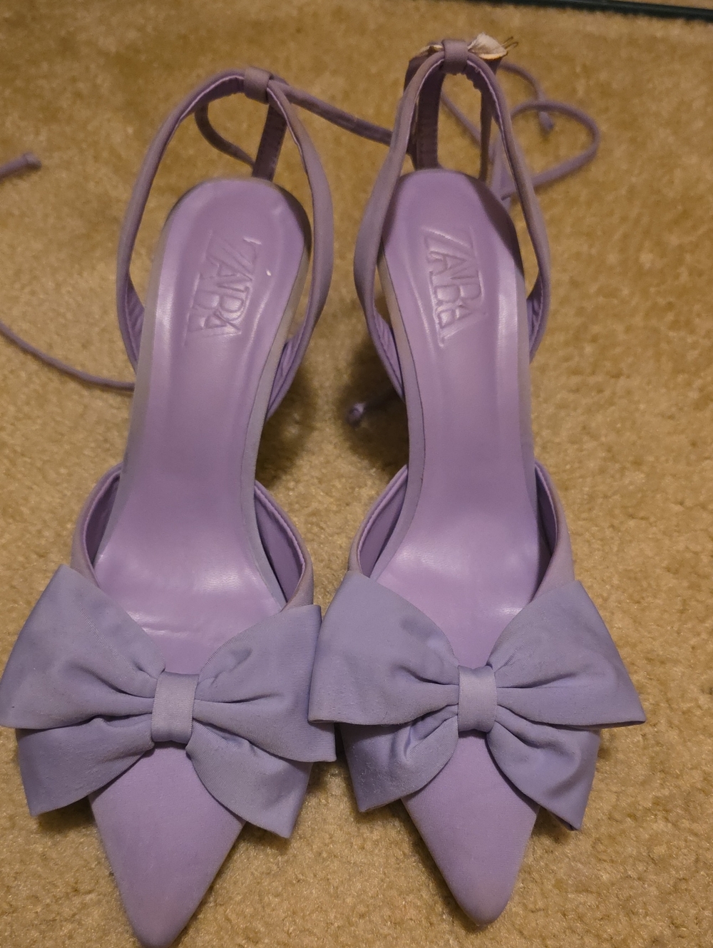 Zara Lavender Bow Pointed-Toe Ankle-Tie Pumps with Bow
